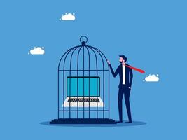 businessman with laptop in cage and key to open it vector