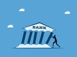 a man pushing a pillar with a bank building in the background vector