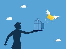 man holding a bird cage with an envelope and wings vector