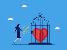 business woman holding key to open heart cage vector