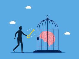 man in business suit holding key to open cage with brain inside vector