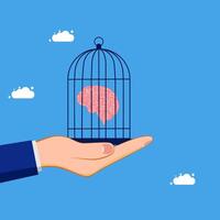 hand holding a brain in a cage with clouds in the background vector