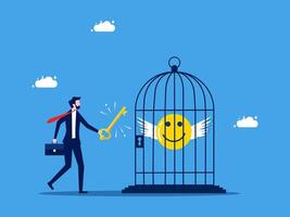 businessman with key to cage with smiley face and key to open it, concept of success vector
