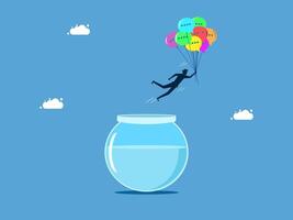 man is floating in the air with a fish bowl full of colorful balloons vector