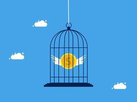 a bird cage with a gold coin inside and wings vector