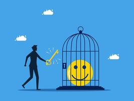 a man is holding a key to open a cage with a smiley face inside, and a vector
