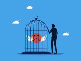 man holding a sad face in a cage with a bird with wings, sad face, sad man vector
