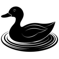 A black and white silhouette of a duck on a pond vector