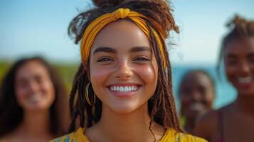 A young woman with dreadlocks smiles brightly while wearing a yellow headband. She stands in front of her friends at the beach, enjoying a sunny day filled with laughter and connection. photo