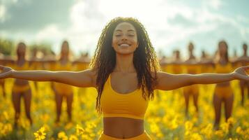 A joyful gathering takes place in a vibrant field filled with yellow flowers. A woman stands at the forefront, smiling widely with arms stretched out, inspiring others behind her. photo