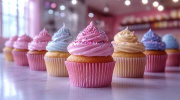 Scrumptious cupcakes with pastel frosting and colorful sprinkles are arranged neatly in a charming bakery. The soft decor and lighting create a delightful atmosphere for sweet treats. photo
