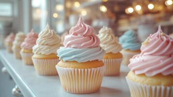 A row of beautifully decorated cupcakes with pastel-colored frosting stands in a bakery. The warm light creates a cozy atmosphere, perfect for enjoying a sweet treat in the afternoon. photo