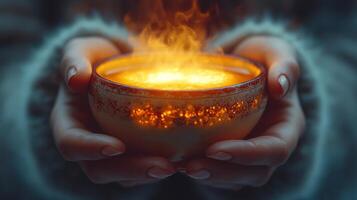 Warm light emitted from a bowl held between hands creates an enchanting atmosphere. The soft glow illuminates the surroundings, enhancing the calm, magical feeling of twilight. photo