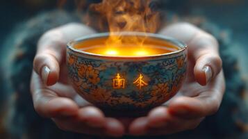Delicate hands hold a beautifully crafted bowl with flickering flames and soft light, set against a dusky background. The warm glow enhances the mystique of the moment. photo