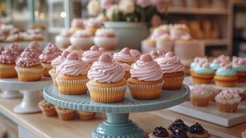 A variety of cupcakes with pastel colored frosting and decorative toppings are arranged on elegant stands in a cozy bakery. The inviting atmosphere showcases delicious treats on display. photo