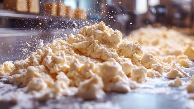 A mound of flour is spread across a counter in a busy bakery where bakers prepare bread and pastries. Dust particles float in the air, capturing the lively atmosphere of baking. photo