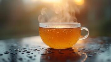 A steaming cup of tea sits on a wet surface, surrounded by the warmth of golden hour light. The serene atmosphere invites relaxation and enjoyment of the moment. photo