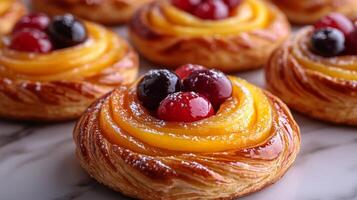 Assorted fruit tarts are beautifully arranged on a marble surface, topped with vibrant berries and a shiny glaze, creating an inviting dessert display. photo