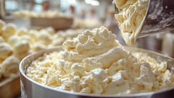 Workers are busy creating large batches of whipped butter in a dairy processing plant. The creamy texture is piled high in stainless steel containers, showcasing the production process. photo