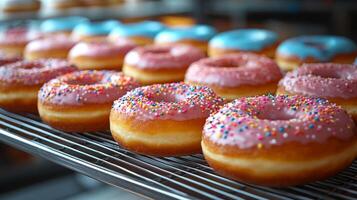 A variety of donuts with vibrant pink and blue icing are arranged neatly on a cooling rack inside a busy bakery. Each donut is decorated with colorful sprinkles, creating an inviting display. photo