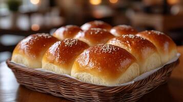 A basket filled with freshly baked, golden-brown dinner rolls topped with sesame seeds is placed on a wooden table. The warm setting creates a welcoming atmosphere for diners. photo