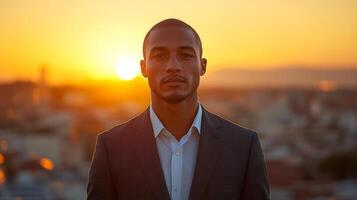 A young man stands tall in a tailored suit, facing the viewer as the sun sets behind him, casting warm hues across the sky and illuminating the urban landscape. photo
