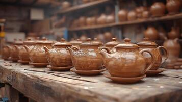 A row of beautifully crafted clay teapots sits on a wooden table inside a pottery workshop. Warm lighting highlights the intricate textures and earthy tones of each teapot. photo