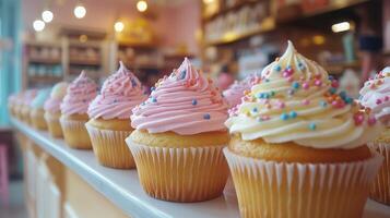 A row of freshly baked cupcakes topped with pink and white frosting, decorated with colorful sprinkles, set in a charming bakery filled with warm light. photo