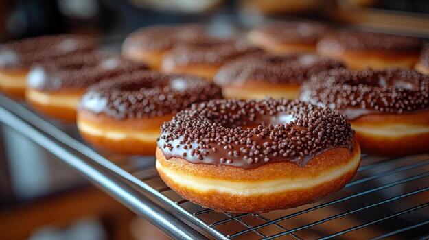 A batch of perfectly arranged chocolate glazed donuts with sprinkles cools on a wire rack in a busy bakery. The enticing display showcases their deliciousness, inviting customers. photo