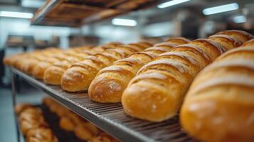 Rows of golden-brown bread loaves rest on cooling racks in a bustling bakery. The warm atmosphere is filled with the delicious aroma of freshly baked goods. photo