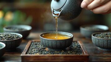A hand gently pours warm tea from a teapot into a small cup surrounded by various types of loose leaf tea. The tranquil setting highlights an appreciation for the tea culture. photo
