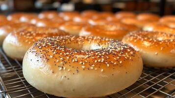 A tray of freshly baked bagels sits on a cooling rack in a busy bakery. The warm, golden bagels are topped with poppy and sesame seeds, inviting customers in the morning. photo