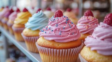 An enticing lineup of freshly baked cupcakes showcases various pastel shades of frosting, decorated with sprinkles and berries, in a cozy bakery setting. photo