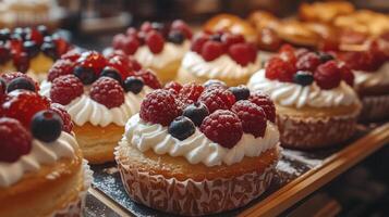Colorful cupcakes sit enticingly in a bakery display, each adorned with creamy frosting and fresh raspberries and blueberries, attracting customers in the afternoon. photo