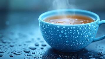 A blue mug filled with steaming tea sits on a damp surface, with water droplets clinging to its sides, indicating a rainy ambiance and cozy atmosphere. photo