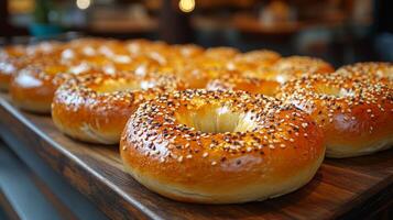 A tray filled with freshly baked bagels is showcased in a cozy bakery setting. The bagels have a shiny, golden-brown crust and are topped with sesame and poppy seeds. photo