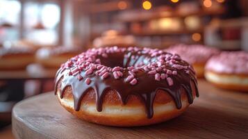 A chocolate frosted donut topped with pink sprinkles rests on a wooden display in a warm, inviting bakery atmosphere. Soft lighting enhances the delicious appeal of various pastries. photo
