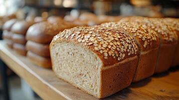 Whole grain bread loaves with golden crust and sprinkled oats are displayed on a wooden table in a warm, inviting bakery during the day. The aroma of fresh bread fills the air. photo