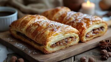 Delicious, flaky pastries filled with nuts and spices rest on a wooden board beside a cup of coffee. A candle glows softly, creating a warm and inviting afternoon atmosphere. photo