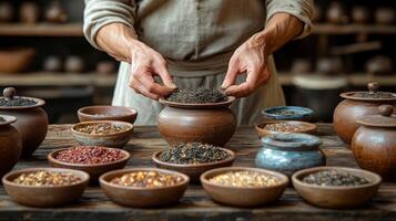 Hands of a skilled individual sort through various spice containers, showcasing a range of colors and textures in a warm, rustic workshop under soft afternoon light. photo
