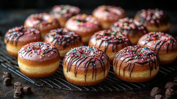 A variety of donuts topped with chocolate glaze and vibrant sprinkles are cooling on a rack. The setting evokes a warm bakery atmosphere, ideal for sweet treats. photo