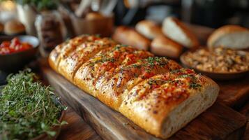 Freshly baked herb bread is arranged beautifully on a wooden board, surrounded by bowls of garnishes like tomatoes and nuts, creating a vibrant kitchen atmosphere. photo