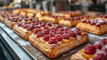 A variety of raspberry pastries sit on a tray in a bakery, showcasing their flaky texture and rich filling. The bright red raspberries add an appealing touch. photo
