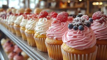 A variety of freshly baked cupcakes are neatly arranged in a display case. Each cupcake features rich, creamy frosting topped with colorful berries and sprinkles. photo