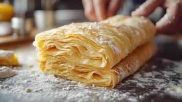 Hands roll fresh pastry dough in a well-lit kitchen. Layers of dough are visible, indicating careful preparation. Flour creates a soft, textured surface, enhancing the baking atmosphere. photo