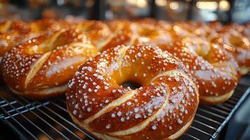 Freshly baked pretzels with a shiny, golden crust are arranged neatly on a cooling rack. The late afternoon sun highlights their texture as shoppers admire them at a vibrant market. photo