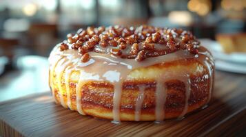 A freshly baked cinnamon roll topped with creamy icing and crunchy nuts is displayed on a wooden board. The warm, inviting atmosphere of the bakery enhances the treat's appeal. photo