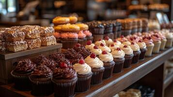 A delightful selection of cupcakes and desserts is beautifully arranged on wooden shelves in a warm bakery environment. Customers enjoy the enticing treats. photo