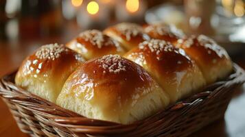 Fluffy bread rolls glisten with a golden sheen and are sprinkled with sesame seeds, presented in a rustic wicker basket during a cheerful gathering at dusk. photo