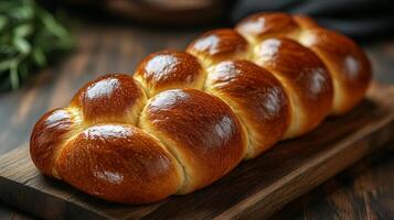 Golden-brown challah bread is placed on a wooden cutting board, showcasing its braided texture in a warm kitchen atmosphere, with soft lighting and rustic elements visible. photo
